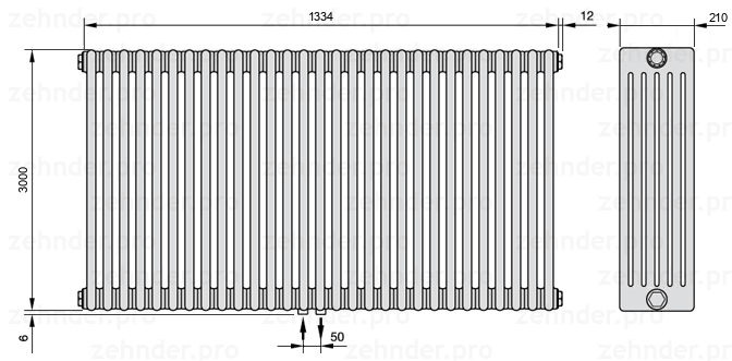 Схема (чертеж) Радиатор Zehnder Charleston 6300/29 №3470 Белый глянцевый RAL 9016